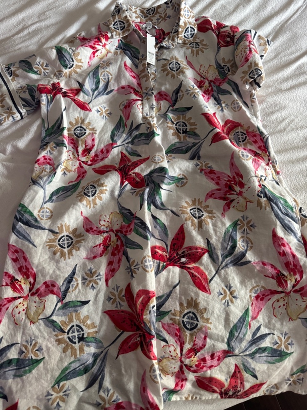 Chico's Floral Midi Dress in White, Red, Green, Gold